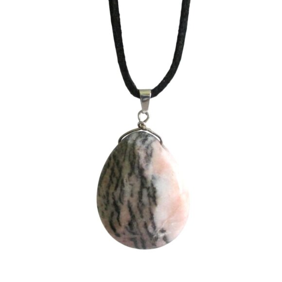 New Rhodonite Stone Teardrop Pendant Necklace 18" to 20" Black Suede Cord - Picture 4 of 7
